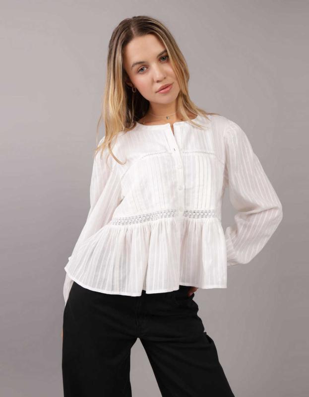 AE Long-Sleeve Babydoll Blouse - White, S 