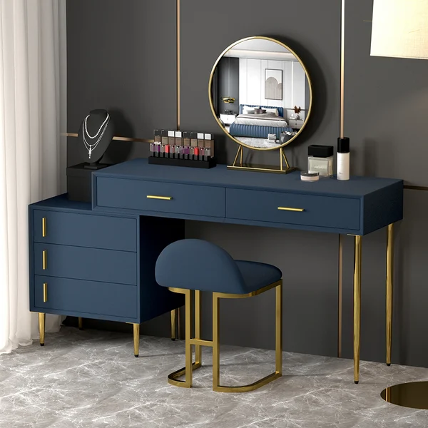 Modern Blue Makeup Vanity Set Retracted Dressing Table Cabinet&Stool&Mirror Included 