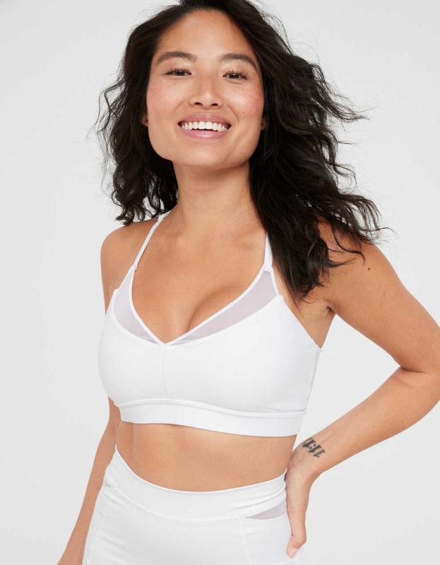 OFFLINE By Aerie Goals Mesh V-Neck Sports Bra - White, S 