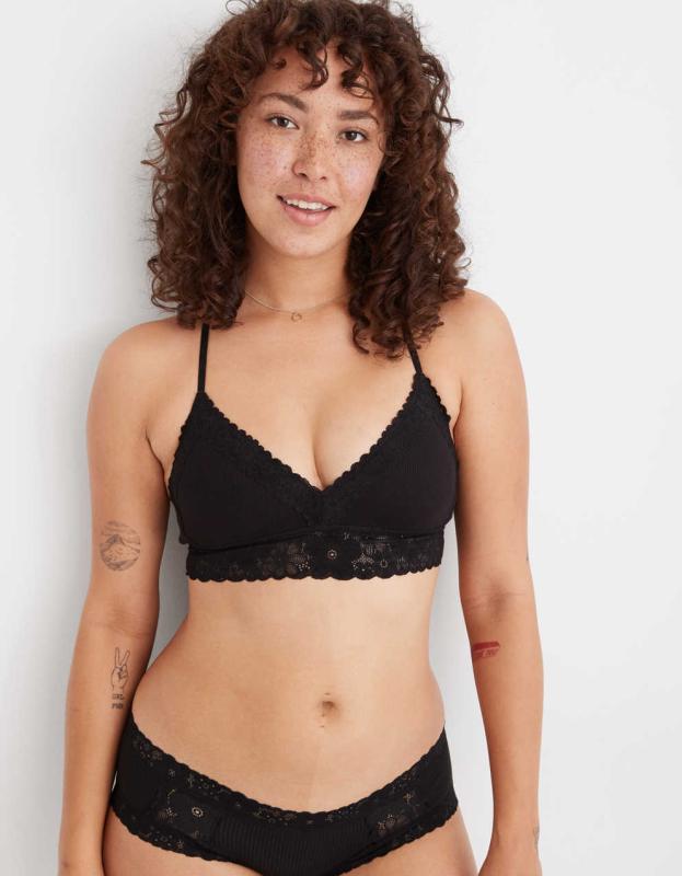 Aerie Real Happy Wireless Lightly Lined Retro Lace Bra - Black, 80C 