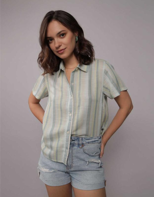AE Short Sleeve Button Up Shirt - Teal, XS 
