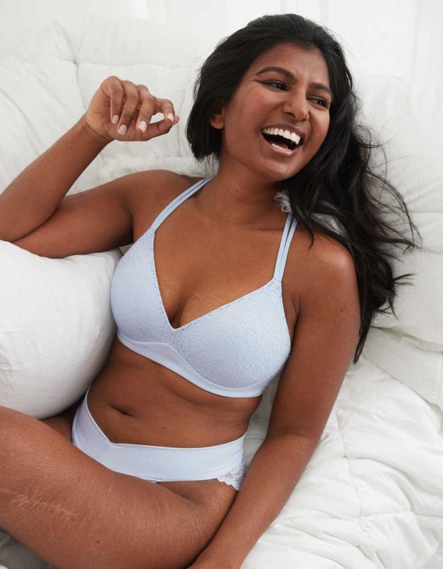 Aerie Real Sunnie Wireless Push Up Blossom Lace Bra - Eyelet Blue, 70D 