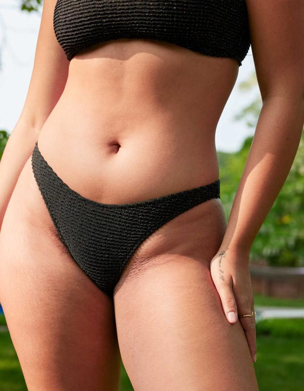 Aerie Lurex Crinkle Low Rise Cheeky Bikini Bottom - True Black, S 