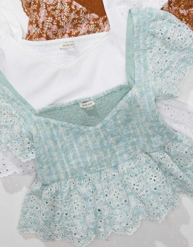 AE Ruffle Sleeve Babydoll Blouse - Mint, M 