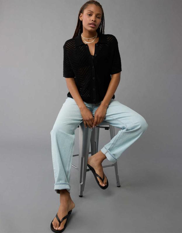 AE Oversized Button-Up Sweater Top - Black, S 