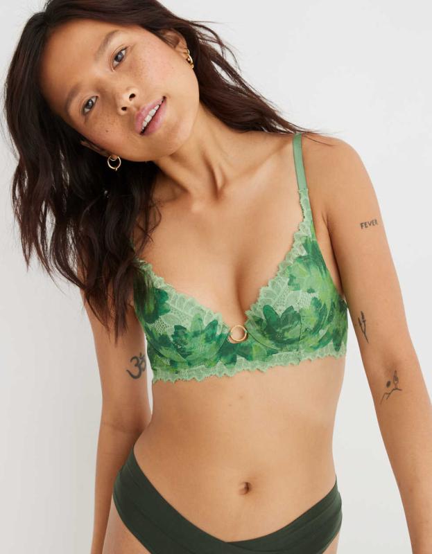 Aerie Real Power Plunge Push Up Sunkissed Lace Bra - Green Mission, 70A 