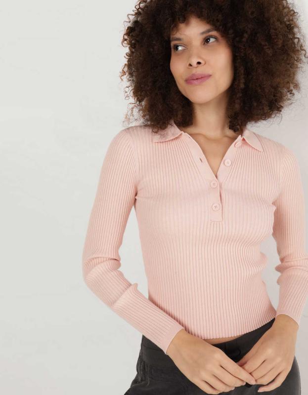 Aerie Cropped Long Sleeve Sweater Polo - Dusty Pink, S 