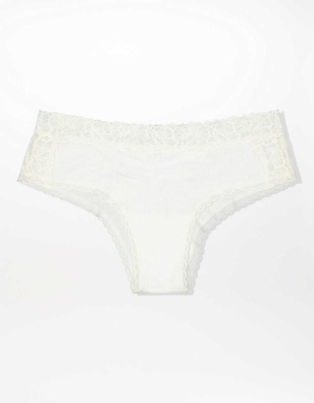 Aerie Ribbed Holiday Best Lace Cheeky Underwear - Soft Muslin, L 