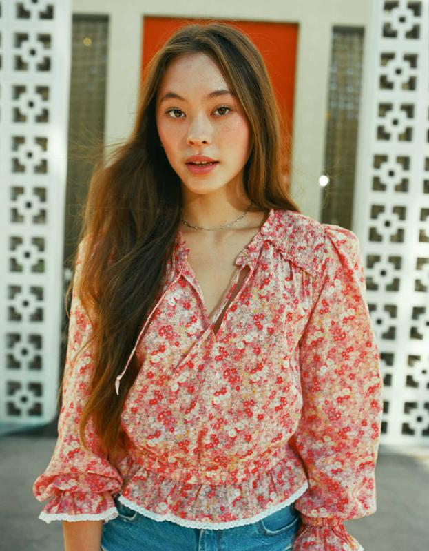 AE Long-Sleeve Smocked Blouse - Pink Petal, XXS 