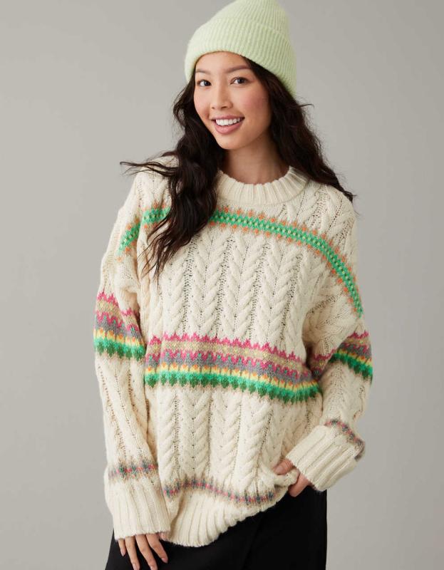AE Cable-Knit Fair Isle Sweater - Ivory, M 