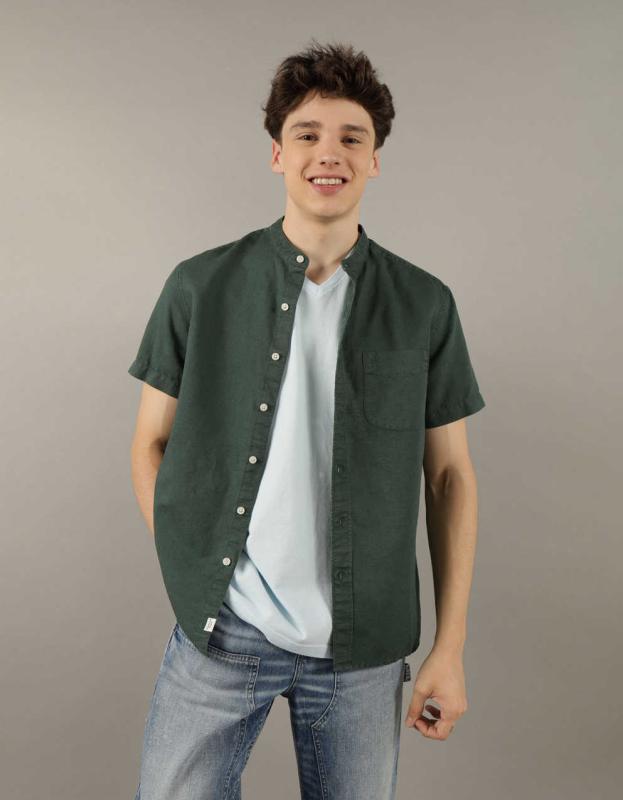 AE Short-Sleeve Band Collar Linen Button-Up Shirt - Deep Forest Green, XL 