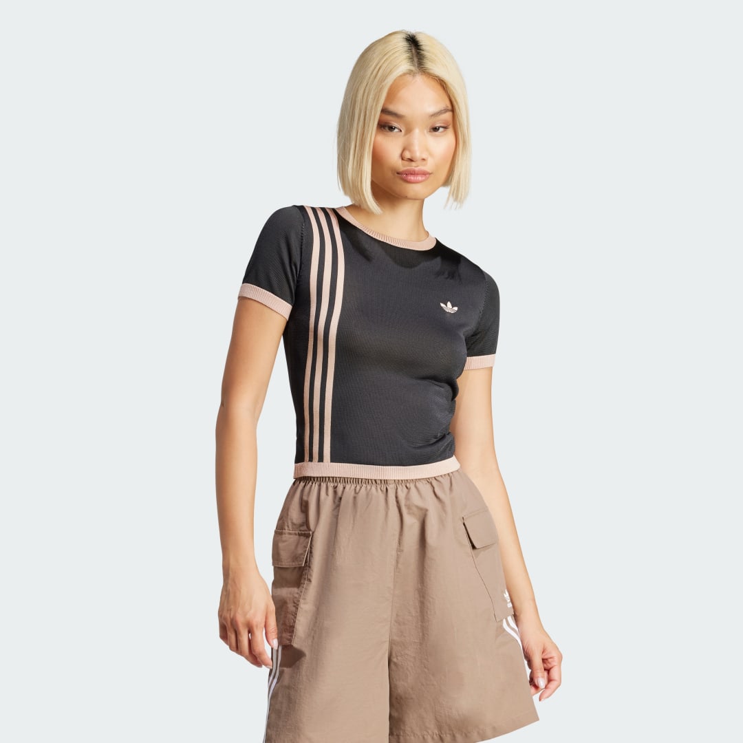 adidas Knitted 3-Stripes Short Tee Lifestyle M Women Black