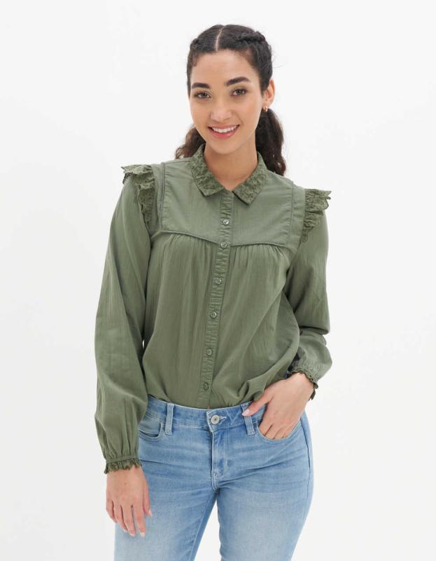AE Ruffle Button-Up Shirt - Olive, L 