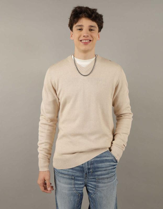 AE V-Neck Sweater - Beige, XS 