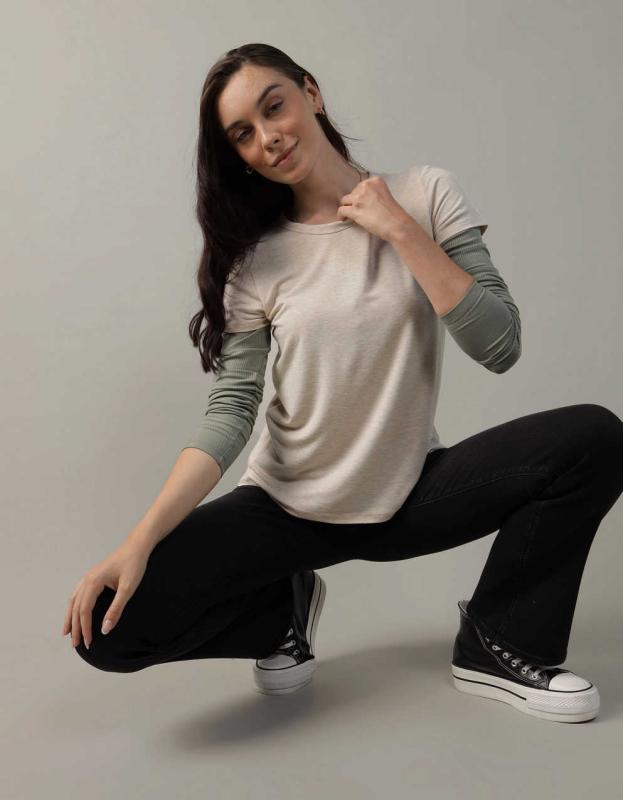 AE Soft & Sexy Short-Sleeve Crew Neck Tee - Oatmeal Heather, XXS 