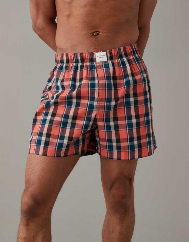 AEO Plaid Boxer Short - Coral, XL 