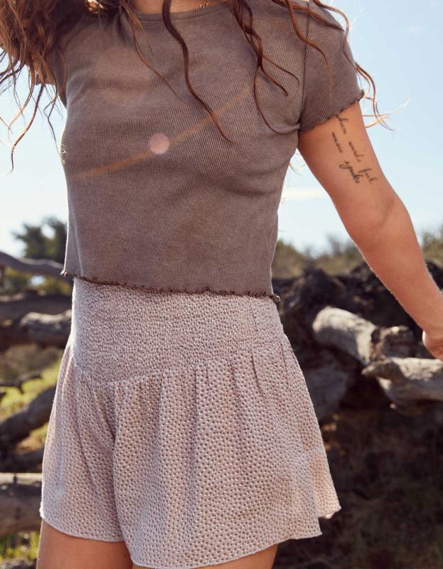 Aerie Real Good Smocked High Waisted Short - Cocoa Cream, M 