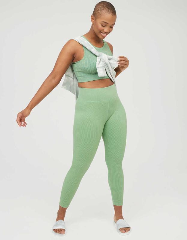 OFFLINE Ribbed Seamless High Waisted Legging - Green Mission, S 