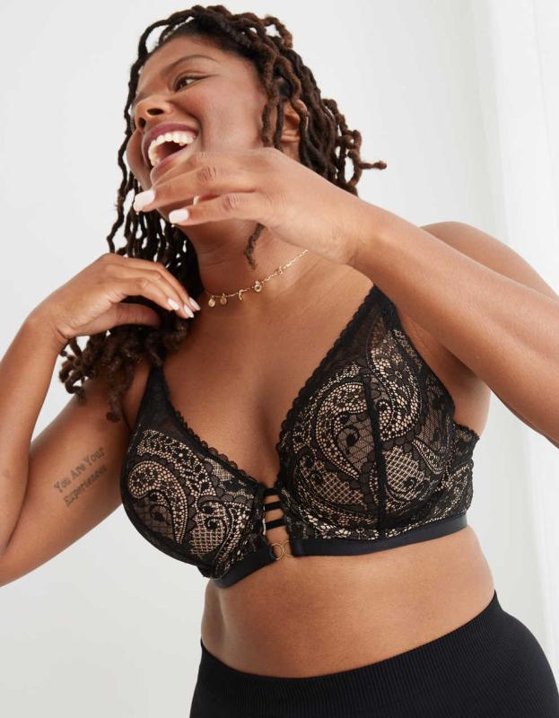 Aerie Real Power Plunge Push Up Paisley Lace Bra - True Black, 70C 