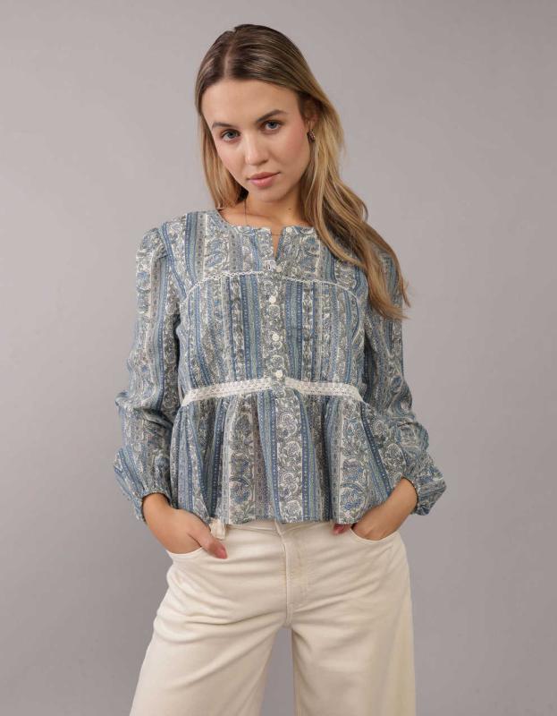 AE Long-Sleeve Babydoll Blouse - Multi, XS 