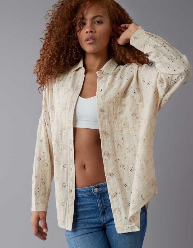 AE Eyelet Embroidered Go Big Shirt - Tan, S 