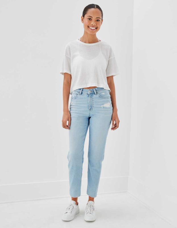 AE Stretch High V-Rise Mom Jean - Authentic Light, 4 