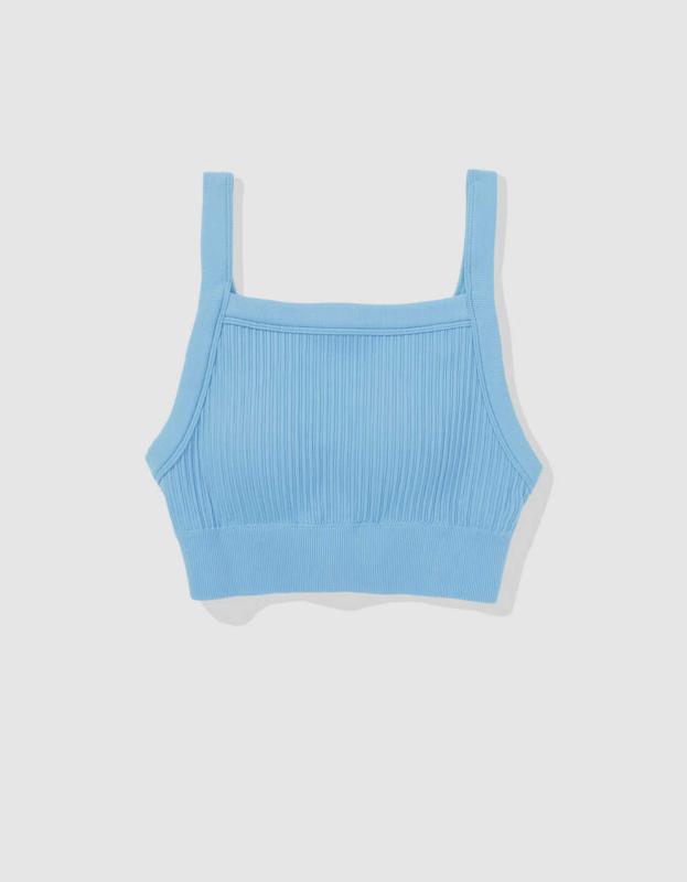 Aerie Ribbed Seamless High Neck Longline Bralette - Blue Vinyl, XS 
