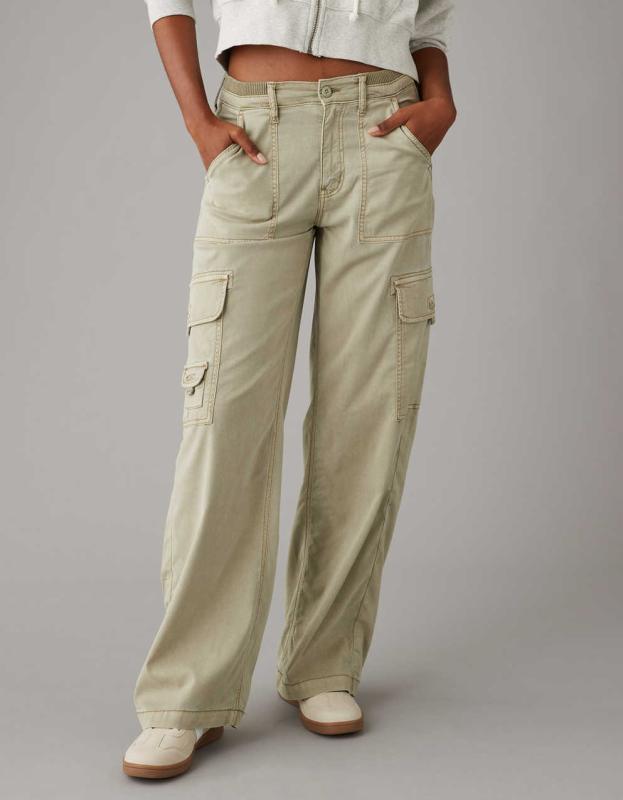 AE Dreamy Drape Stretch Cargo Super High-Waisted Baggy Wide-Leg Pant - Faded Olive, 10 