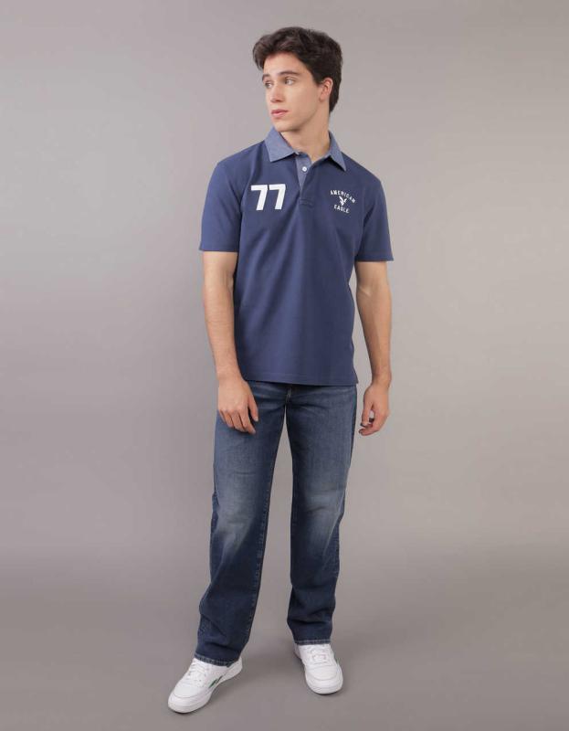 AE Flex Pique Rugby Polo Shirt - Midnight Blue, M 