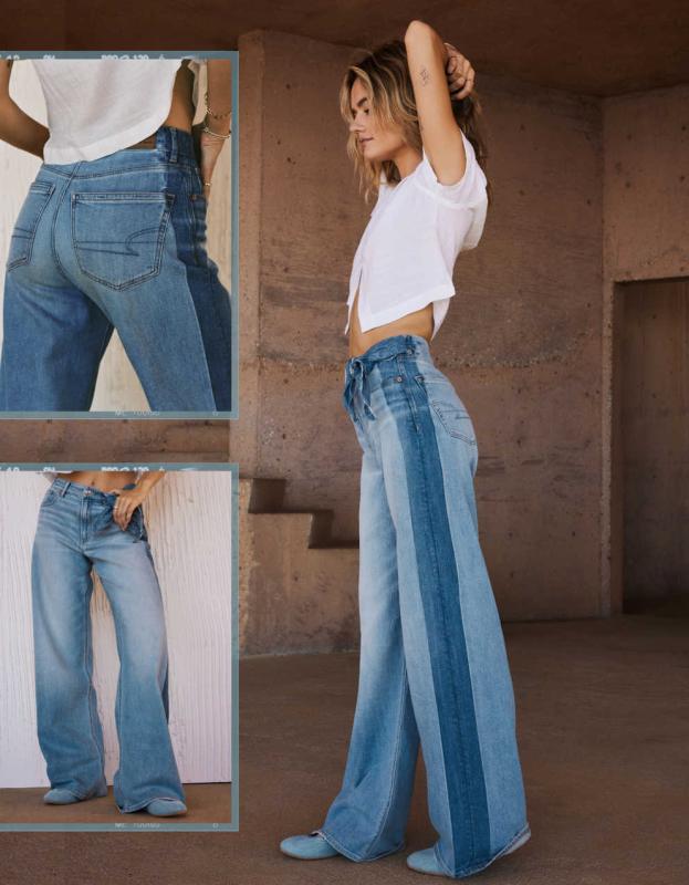 AE Dreamy Drape Stretch Side Stripe Super High-Waisted Baggy Wide-Leg Jean - Hi-Low Indigo, 8 