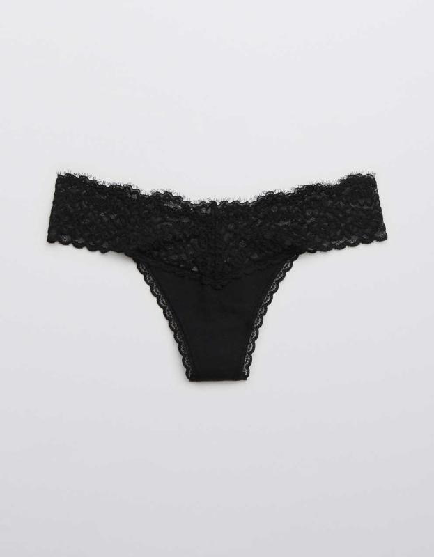 Aerie Cotton Eyelash Lace Thong Underwear - True Black, L 