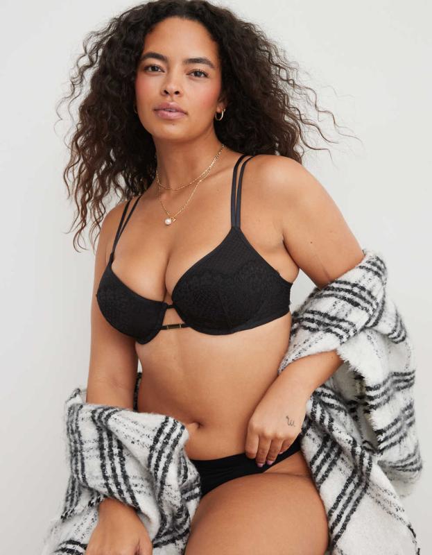 Show Off Plunge Push Up Lace Bra - True Black, 32A 