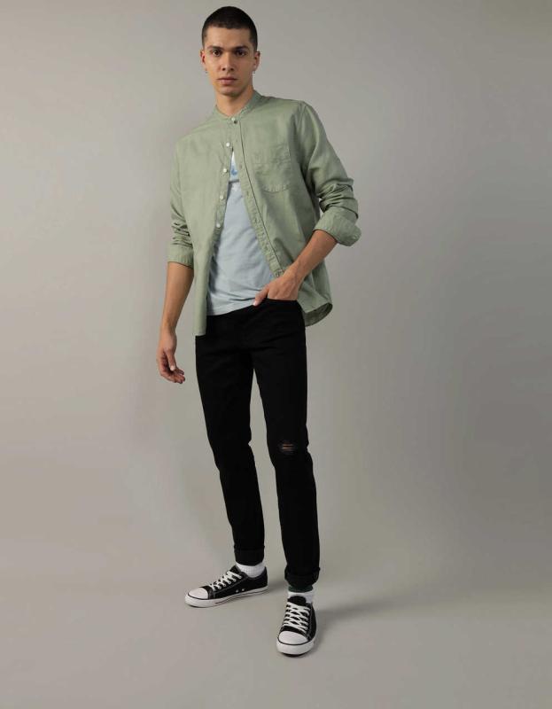 AE Band Collar Linen-Blend Button-Up Shirt - Leaf Green, XL 