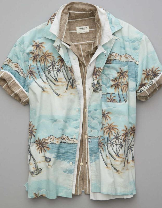 AE Tropical Button-Up Poolside Shirt - Teal, XL 