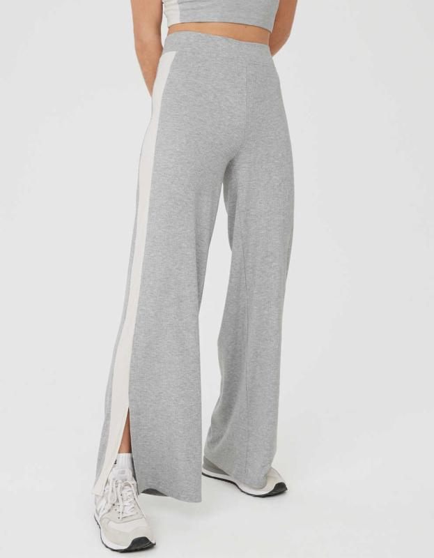 OFFLINE By Aerie Thumbs Up Heavyweight Ribbed Wide Leg Pant - Medium Heather Gray, L 