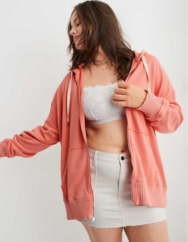 Aerie Down-to-Earth Full Zip Hoodie - Saturn Peach, S 