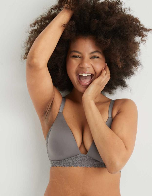 Aerie Real Sunnie Wireless Lightly Lined Blossom Lace Bra - Shell Gray, 80C 