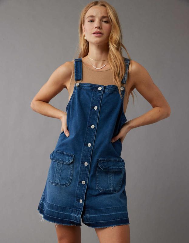 AE Denim Button-Up Pinafore Dress - Medium Wash, M 