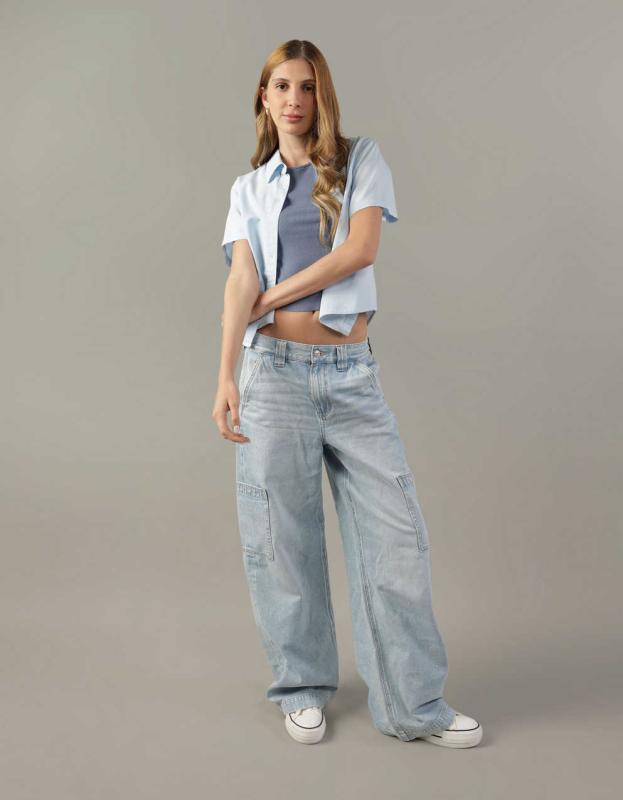 AE Short Sleeve Button Up Shirt - Blue, M 