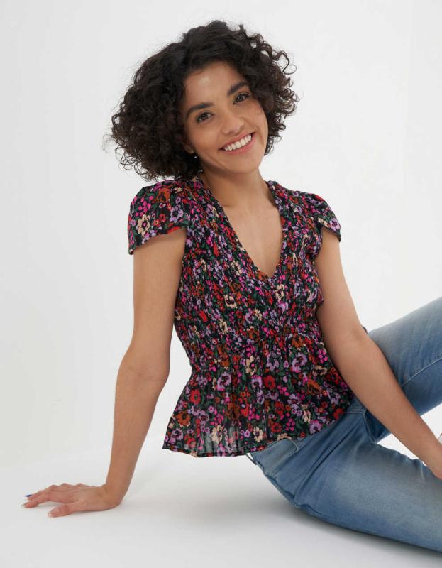 AE V-Neck Smocked Babydoll Blouse - Multi, XXS 