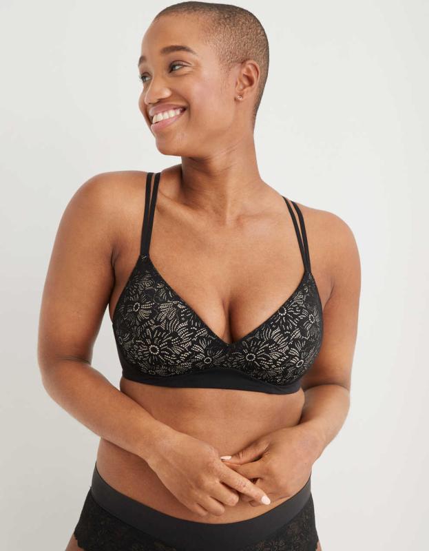Aerie Real Sunnie Wireless Push Up Blossom Lace Bra - Black, 70C 