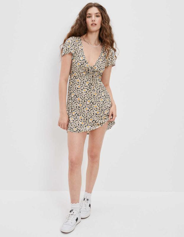 AE Floral Cinched Front Mini Dress - Black, XXS 
