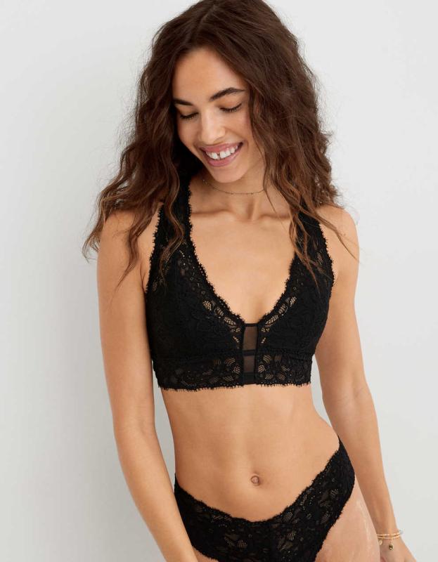 Show Off Eyelash Lace Padded Plunge Bralette - True Black, XL 