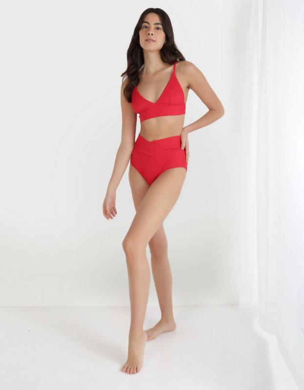 Aerie Ribbed Crossover High Waisted Bikini Bottom - Chilly Red, M 