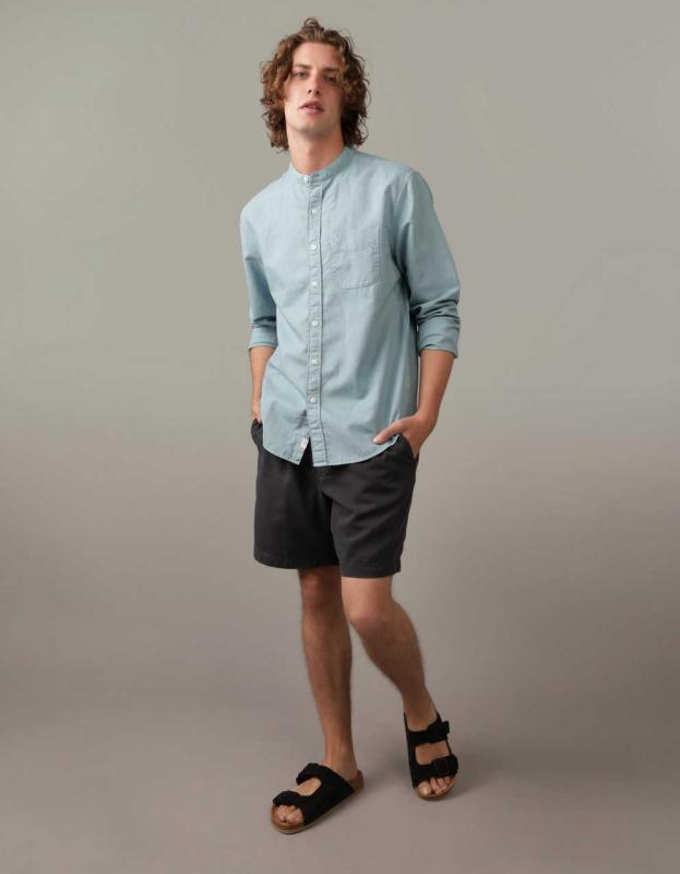 AE Band Collar Linen-Blend Button-Up Shirt - Maui Teal, M 