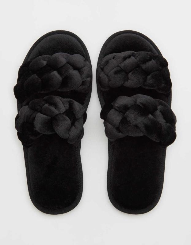 Aerie Braided Fur Slippers - True Black, L 