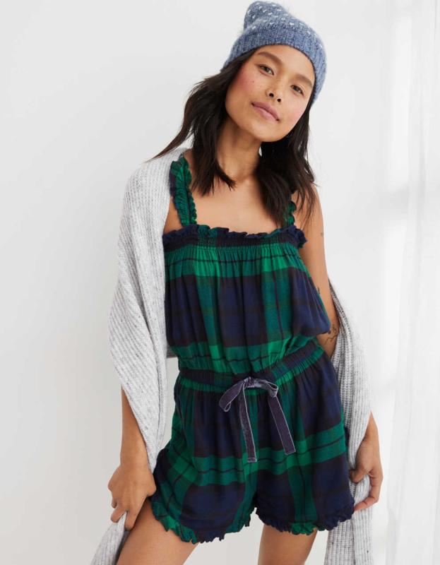 Aerie Flannel Romper - True Black, XS 