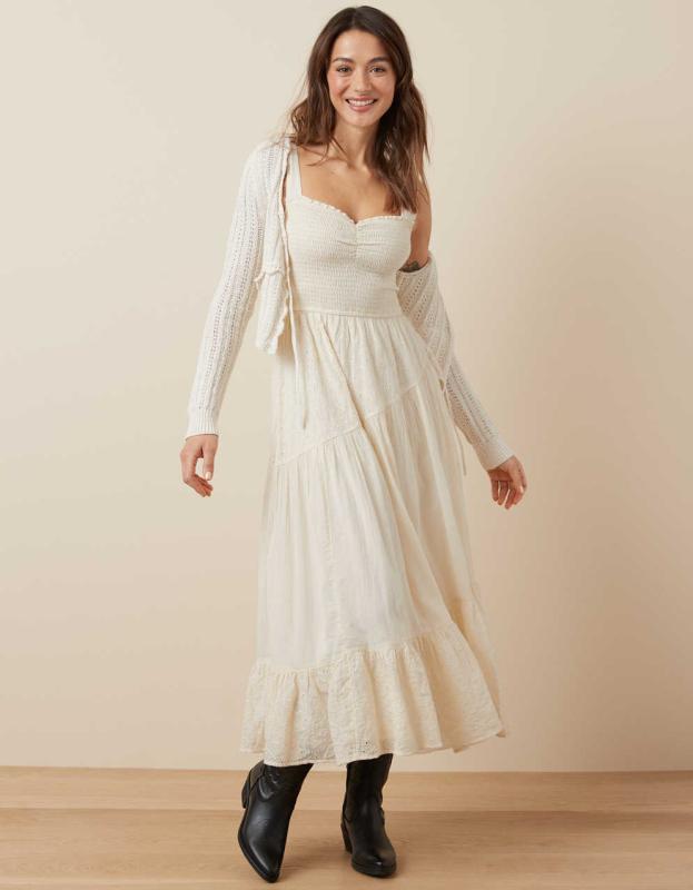 AE Asymmetrical Tiered Midi Dress - Cream, S 