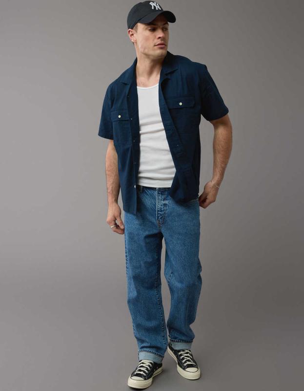 AE Linen-Blend Button-Up Poolside Shirt - Navy, L 