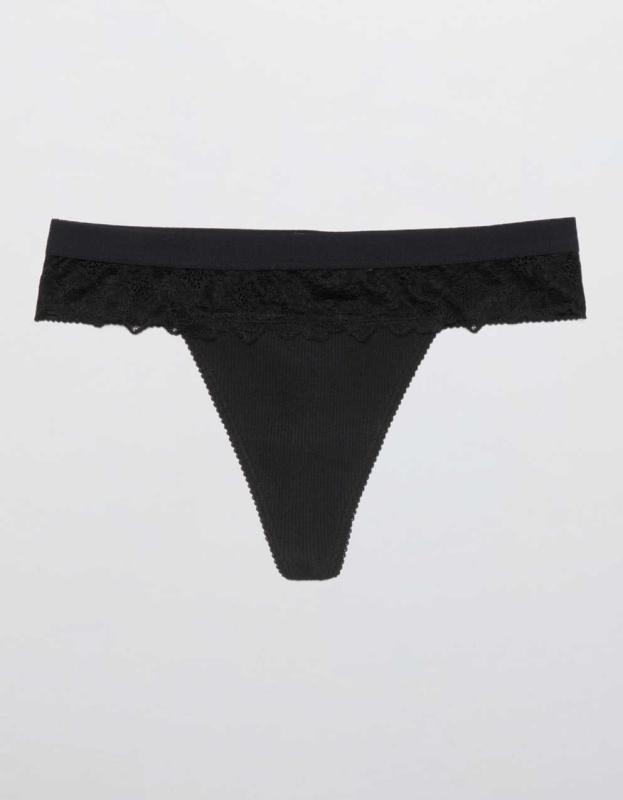 Aerie Snow Angel Lace Cotton Thong Underwear - True Black, XS 